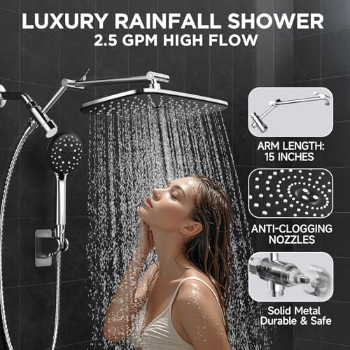 Veken Wide Rain Shower Head with 6 Modes Handheld Water Spray,High Pressure Showerhead Combo with Arm for Bathroom Accessories,Home Decor Detachable Dual Shower with Anti-Clog Nozzles,Silver Chrome - Image 4