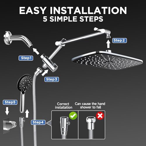 Veken Wide Rain Shower Head with 6 Modes Handheld Water Spray,High Pressure Showerhead Combo with Arm for Bathroom Accessories,Home Decor Detachable Dual Shower with Anti-Clog Nozzles,Silver Chrome - Image 7