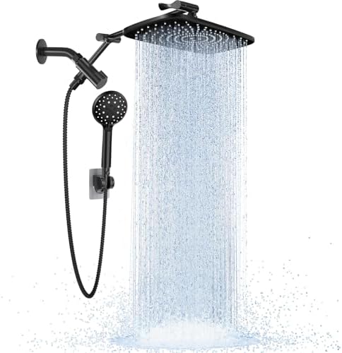 Veken Wide Rain Shower Head with 6 Modes Handheld Water Spray,High Pressure Showerhead Combo with Arm for Bathroom Accessories,Home Decor Adjustable Dual Shower with Anti-Clog Nozzles,Matte Black