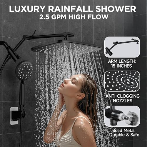 Veken Wide Rain Shower Head with 6 Modes Handheld Water Spray,High Pressure Showerhead Combo with Arm for Bathroom Accessories,Home Decor Adjustable Dual Shower with Anti-Clog Nozzles,Matte Black - Image 4
