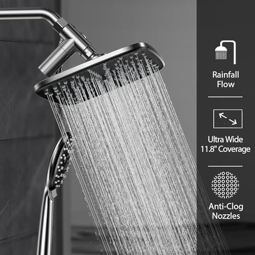 Veken 11.8 Inch High Pressure Rain Shower Head -Shower Heads with 5 Modes Handheld Spray Combo- Wide RainFall shower with 70" Hose & Bracket- Adjustable Dual Showerhead with Anti-Clog Nozzles - Chrome - Image 3
