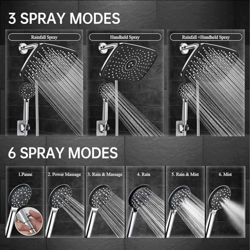 Veken 11.8 Inch High Pressure Rain Shower Head -Shower Heads with 5 Modes Handheld Spray Combo- Wide RainFall shower with 70" Hose & Bracket- Adjustable Dual Showerhead with Anti-Clog Nozzles - Chrome - Image 4