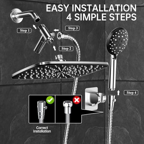 Veken 11.8 Inch High Pressure Rain Shower Head -Shower Heads with 5 Modes Handheld Spray Combo- Wide RainFall shower with 70" Hose & Bracket- Adjustable Dual Showerhead with Anti-Clog Nozzles - Chrome - Image 6