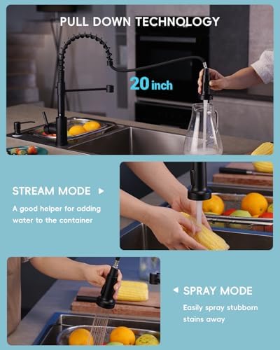 APPASO Black Kitchen Faucet with Soap Dispenser and Pull Down Sprayer, SUS304 Stainless Steel Commercial Single-Handle Spring Faucet for Kitchen Sink, Matte Black - Image 3