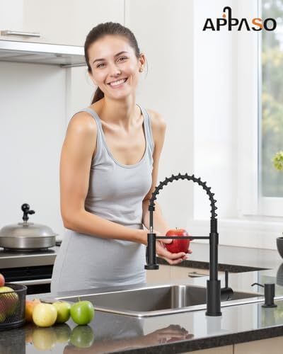 APPASO Black Kitchen Faucet with Soap Dispenser and Pull Down Sprayer, SUS304 Stainless Steel Commercial Single-Handle Spring Faucet for Kitchen Sink, Matte Black - Image 5