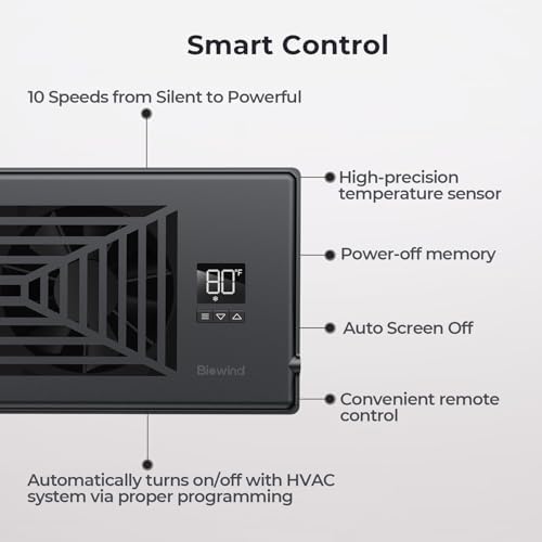 Quiet Register Booster Fan Fits 4" x 10" Register Holes, 10-Speed Smart Heating Cooling AC Vent Fan with Remote Control and Thermostat Control - Black - Image 4