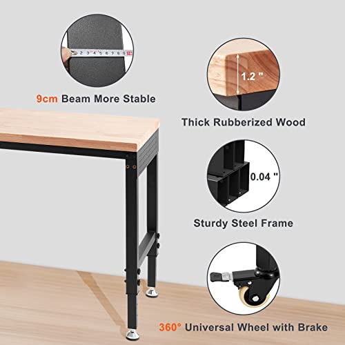VEVOR Adjustable Workbench, 48" L X 24" W Garage Worktable with Universal Wheels, 28-39.5" Heights & 2000 LBS Load Capacity, with Power Outlets & Hardwood Top & Storage & Foot Pads, for Office Home - Image 4