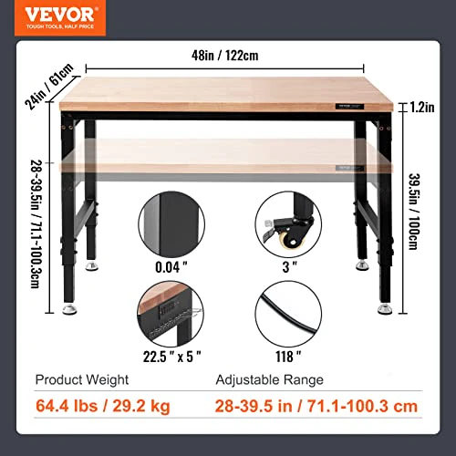 VEVOR Adjustable Workbench, 48" L X 24" W Garage Worktable with Universal Wheels, 28-39.5" Heights & 2000 LBS Load Capacity, with Power Outlets & Hardwood Top & Storage & Foot Pads, for Office Home - Image 7