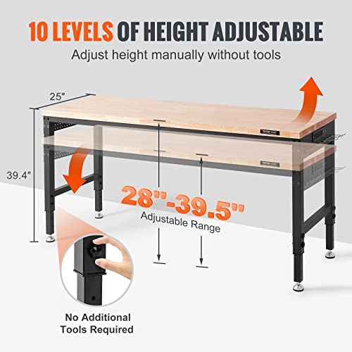 VEVOR Workbench for Garage 72" Adjustable Workbench, Heavy-Duty Hardwood Worktable with Universal Wheels, 3000 LBS Load Capacity, with Power Outlets, for Workshop, Garage, Office and Home - Image 6
