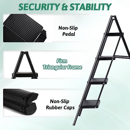 4 Step Ladder Folding Step Stool, Heavy Duty 330 Lbs Load Step Ladders for Home, Tall Kitchen/Closet Stepladder for Adults, Black Small & Lightweight Ladder with Anti-Slip Wide Pedals by OOSOFITT - Image 2