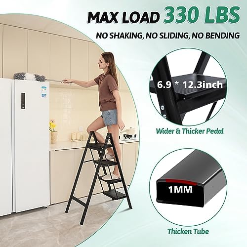 4 Step Ladder Folding Step Stool, Heavy Duty 330 Lbs Load Step Ladders for Home, Tall Kitchen/Closet Stepladder for Adults, Black Small & Lightweight Ladder with Anti-Slip Wide Pedals by OOSOFITT - Image 3