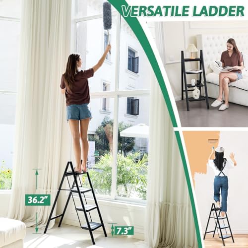 4 Step Ladder Folding Step Stool, Heavy Duty 330 Lbs Load Step Ladders for Home, Tall Kitchen/Closet Stepladder for Adults, Black Small & Lightweight Ladder with Anti-Slip Wide Pedals by OOSOFITT - Image 4