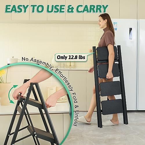4 Step Ladder Folding Step Stool, Heavy Duty 330 Lbs Load Step Ladders for Home, Tall Kitchen/Closet Stepladder for Adults, Black Small & Lightweight Ladder with Anti-Slip Wide Pedals by OOSOFITT - Image 5