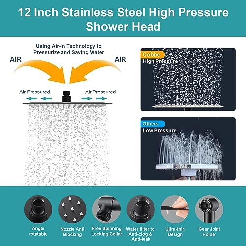 Cobbe 12 Inch All Metal 3-Way Rain Shower Head, High Pressure Shower Head, Dual Shower Heads with Handheld Spray Combo - Upgrade Extension Arm Height Adjustable - 9 Spray Filtered Shower Head, Black - Image 7
