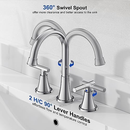 Bathroom Faucets for Sink 3 Hole, Hurran Chrome Bathroom Sink Faucet with Pop-up Drain and Supply Lines, Stainless Steel Lead-Free Widespread Faucet for Vanity RV Farmhouse Sink - Image 3