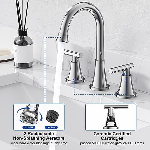 Bathroom Faucets for Sink 3 Hole, Hurran Chrome Bathroom Sink Faucet with Pop-up Drain and Supply Lines, Stainless Steel Lead-Free Widespread Faucet for Vanity RV Farmhouse Sink - Image 4