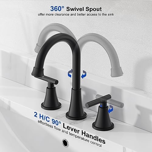 Bathroom Faucets for Sink 3 Hole, Hurran Matte Black Bathroom Sink Faucet with Pop-up Drain and Supply Lines, Stainless Steel Lead-Free Widespread Faucet for Vanity RV Farmhouse Sink - Image 3