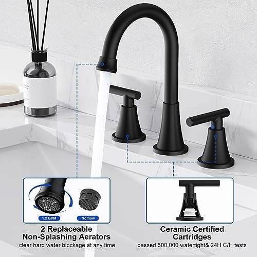 Bathroom Faucets for Sink 3 Hole, Hurran Matte Black Bathroom Sink Faucet with Pop-up Drain and Supply Lines, Stainless Steel Lead-Free Widespread Faucet for Vanity RV Farmhouse Sink - Image 4