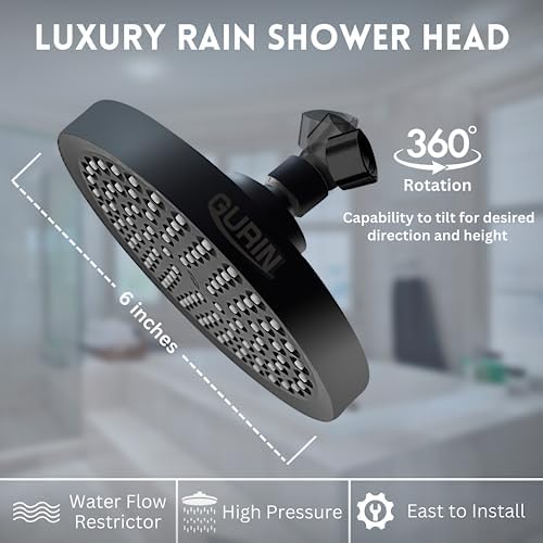 GURIN Shower Head High Pressure Rain, Luxury Bathroom Showerhead with Adjustable Angles, Anti-Clogging Silicone Nozzles - Matte Black, 6 Inch Round - Image 4