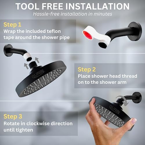 GURIN Shower Head High Pressure Rain, Luxury Bathroom Showerhead with Adjustable Angles, Anti-Clogging Silicone Nozzles - Matte Black, 6 Inch Round - Image 5
