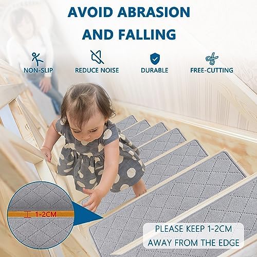 Stair Treads for Wooden Steps Indoor, KOOTETA 15 Pack 8" X 30" Non Slip Carpet Stair Treads with Reusable Adhesive for Kids Elders and Dogs, Surface Polyester TPR Backing Stair Rugs, Grey - Image 5