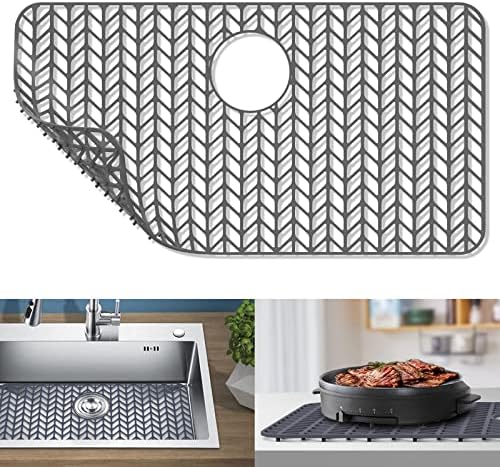 GUUKIN Sink Protectors for Kitchen Sink - 28.4"x 15.2" Silicone Kitchen Sink Mat Grid for Bottom of Farmhouse Stainless Steel Porcelain Sink with Rear Drain(Grey), 2815B
