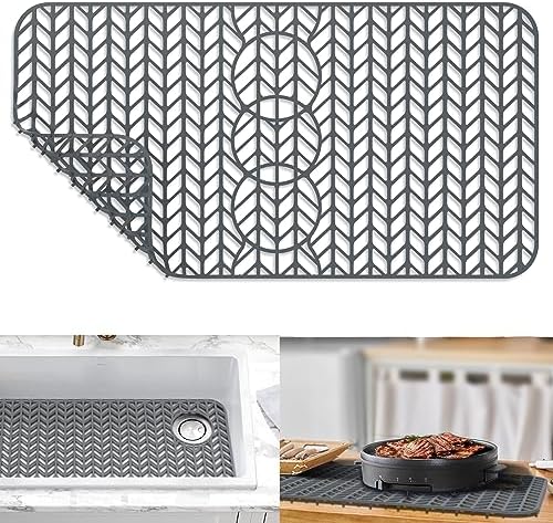 GUUKIN Sink Protectors for Kitchen Sink - 29"x 15.35" Silicone Kitchen Sink Mat Grid for Bottom of Farmhouse Stainless Steel Porcelain Sink with 3 Reserved Holes(Grey)