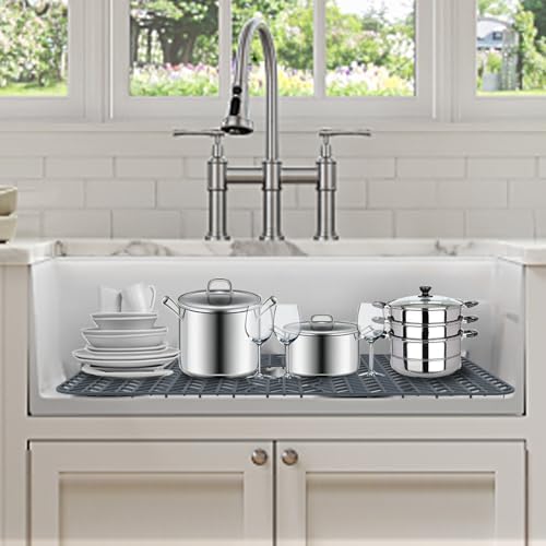 GUUKIN Sink Protectors for Kitchen Sink - 29"x 15.35" Silicone Kitchen Sink Mat Grid for Bottom of Farmhouse Stainless Steel Porcelain Sink with 3 Reserved Holes(Grey) - Image 8