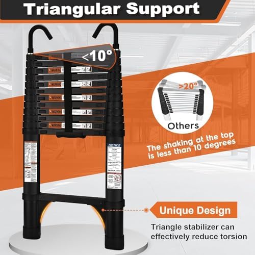 Telescoping Ladder, SocTone 12.5 FT Aluminum Lightweight Extension Ladder with 2 Triangle Stabilizers, Heavy Duty 330lbs Max Capacity, Collapsible Ladder with Hooks for RV or Outdoor Work - Image 3