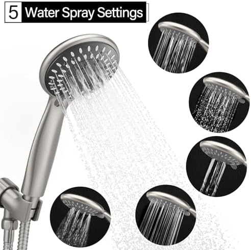 Briout Shower Head with Handheld, 5-Settings Showerhead High Pressure Powerful Water Spray Shower Head Set with 59 Inch Stainless Steel Hose and Bracket, Brushed Nickel - Image 2