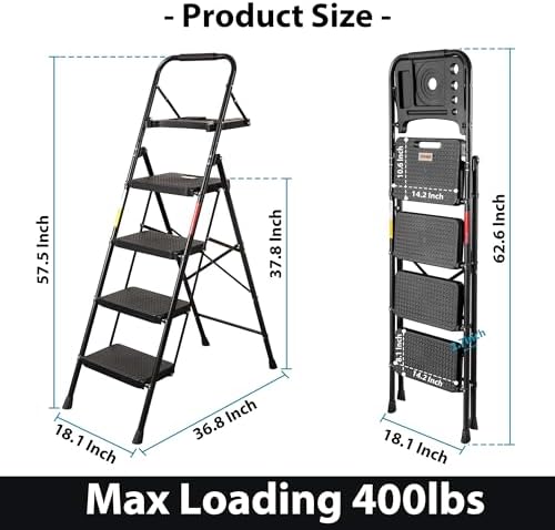 BONTEC 4-Step Ladder, 400lbs Max Load, Folding Step Stool with Tool Tray, Anti-Slip Pedals, Sturdy Steel, Lightweight Portable Ladder with Handrail for Home & Work Use, Black - Image 2