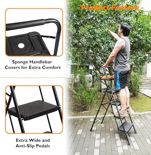 BONTEC 4-Step Ladder, 400lbs Max Load, Folding Step Stool with Tool Tray, Anti-Slip Pedals, Sturdy Steel, Lightweight Portable Ladder with Handrail for Home & Work Use, Black - Image 7