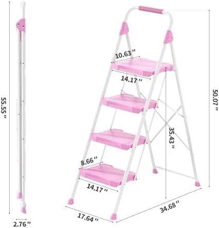 KINGRACK 4 Step Ladder, 900lbs Sturdy Step Stool with Handrail, Anti-Slip Wide Pedals, Foldable Stepladder for Home, Garage, Garden, Household, Pink, Pass 900LBS Testing - Image 7