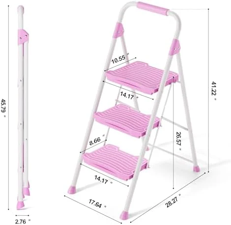 KINGRACK 3 Step Ladder, Sturdy Step Stool with Handrail, Anti-Slip Wide Pedals, 900lbs Foldable Step Stool for Home, Garage, Garden, Household, Large Loading Capacity, Pink - Image 2