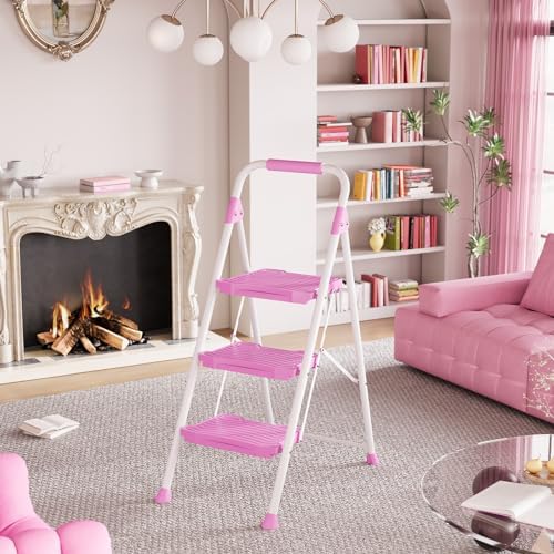KINGRACK 3 Step Ladder, Sturdy Step Stool with Handrail, Anti-Slip Wide Pedals, 900lbs Foldable Step Stool for Home, Garage, Garden, Household, Large Loading Capacity, Pink - Image 3