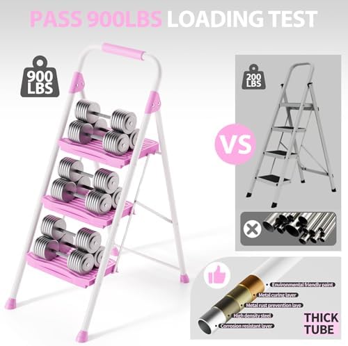 KINGRACK 3 Step Ladder, Sturdy Step Stool with Handrail, Anti-Slip Wide Pedals, 900lbs Foldable Step Stool for Home, Garage, Garden, Household, Large Loading Capacity, Pink - Image 6