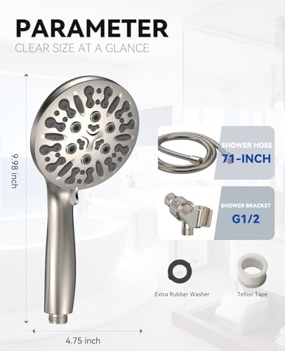 JDO Shower Head with Handheld, High Pressure Handheld Shower Head 9 Settings, Detachable Shower Head Set with Stainless Steel Hose and Shower Bracket (Brushed Nickel) - Image 7