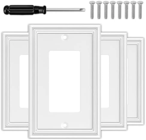 White Decorative Single Decorator Switch Covers Wall Plate, Natural Material Rocker Switch Plates Outlet Covers for Receptacle, GFCI Outlet, Dimmer - Modern Style (1 Gang Decorator 4 Pack)