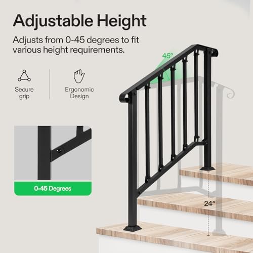 VIVOSUN Outdoor Handrail, 3 Step Stair Handrail, 40" x 36" Fits 1 to 3 Steps, Wrought Mattle Iron Stair Railing with Curved End and Balusters for Concrete Step, Porch Steps, One-Step Assembly, Black - Image 4
