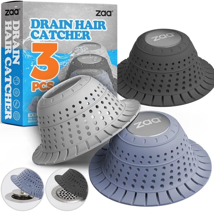 zaa Bathtub Drain Hair Catcher, Silicone Collapsible 3 Pack Drain Protector for Pop-Up and Regular Drains of Shower, Bathtub, Tub, Bathroom, Sink, Black Grey Blue