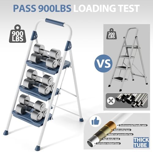 KINGRACK 3 Step Ladder, 900lbs Sturdy Step Stool with Handrail, Non-Skid Wide Pedals, Foldable 3 Stepladder with Safety Locking for Home, Garage, Garden, Office, Blue - Image 3