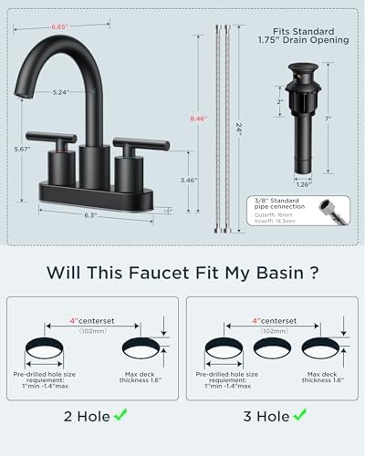 FORIOUS 4 Inch Centerset Bathroom Faucet Black 2 Hole, Two Handle Matte Black Faucet for Bathroom Sink with Metal Dain, 24" Supply Line, and 360° Rotating Spout of 4" Vanity - Image 9