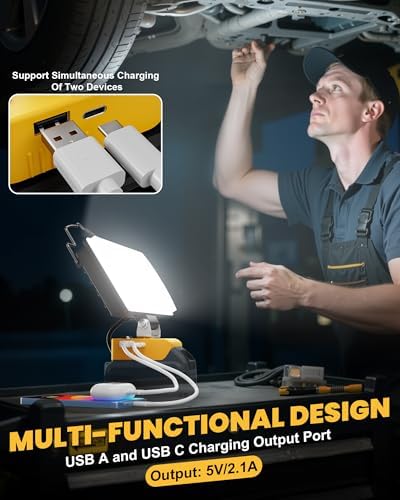 Cordless 20V LED Work Light for Dewalt 20V Max Battery, LIVOWALNY 100W 10000LM 7" Floodlight, LED Flashlights with USB & Type-C & Low Voltage Protection & 140° Pivoting Head for Emergency and Job Site - Image 4