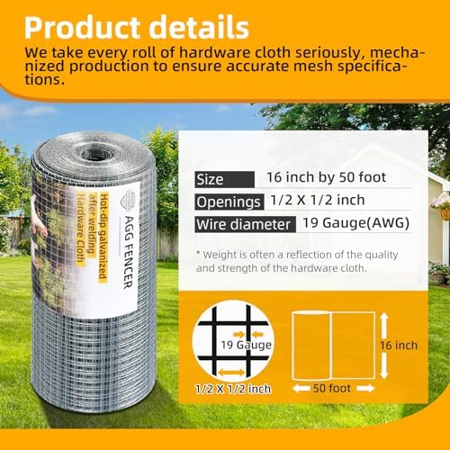 16inch x 50ft Hardware Cloth 1/2 inch Chicken Wire Fencing 19Ga, Hot Dipped Galvanized After Welding Garden Plant Supports Welded Metal Chicken Wire Fence, Poultry Animal Netting Cage Screen - Image 2