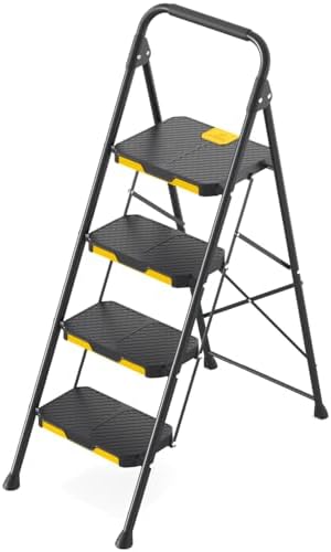 KINGRACK 4 Step Ladder, Sturdy Steel Step Stool with Safe-Lock Design, Handrail, Anti-Slip Wide Pedals, Pass 800lbs Load Testing, Folding Portable Ladder for Multi-Purpose, Home, Kitchen, Black - Image 9