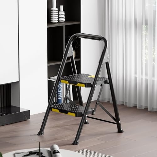 KINGRACK 2 Step Ladder, Sturdy Steel Step Stool with Safe-Lock Design, Handrail, Anti-Slip Wide Pedals, Pass 800lbs Load Testing, Folding Portable Ladder for Multi-Purpose, Home, Kitchen, Black - Image 6