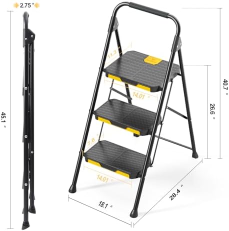 KINGRACK 3 Step Ladder, Sturdy Steel Step Stool with Safe-Lock Design, Handrail, Anti-Slip Wide Pedals, Pass 800lbs Load Testing, Folding Portable Ladder for Multi-Purpose, Home, Kitchen, Black - Image 7