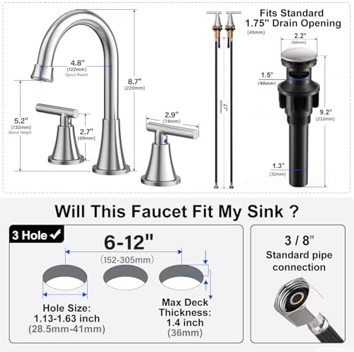 Bathroom Faucets for Sink 3 Hole, Hurran Brushed Nickel Bathroom Sink Faucet with Pop-up Drain and Supply Lines, Stainless Steel Lead-Free Widespread Faucet for Vanity RV Farmhouse Sink - Image 5