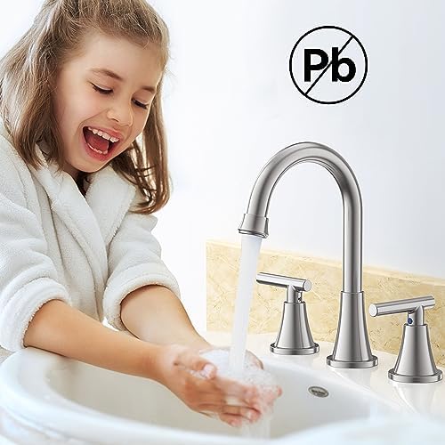 Bathroom Faucets for Sink 3 Hole, Hurran Brushed Nickel Bathroom Sink Faucet with Pop-up Drain and Supply Lines, Stainless Steel Lead-Free Widespread Faucet for Vanity RV Farmhouse Sink - Image 7