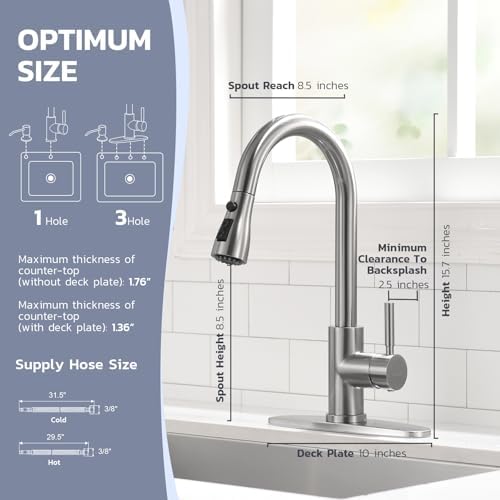 WEWE Kitchen Sink Faucet with Soap Dispenser, Kitchen Faucet with Pull Down Sprayer 3 Modes Stainless Steel Single Handle Single Hole Pull Out Brushed Nickel Faucet for Bar Laundry RV Utility Sink - Image 3